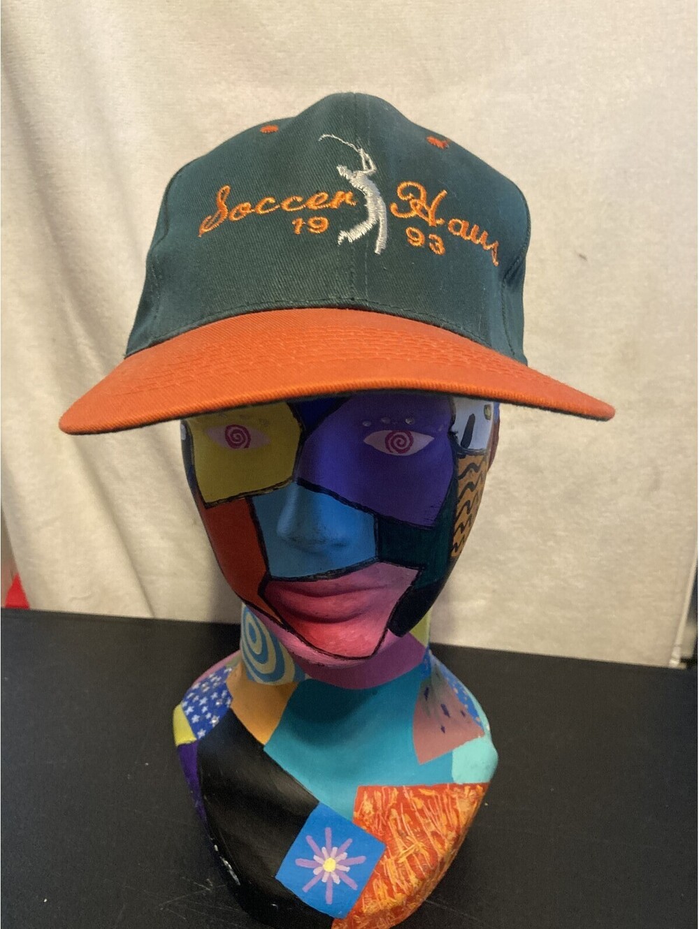 KC Vintage 1993 Soccer Haus Snapback Hat Cap Two Tone Green Orange Golfer Logo